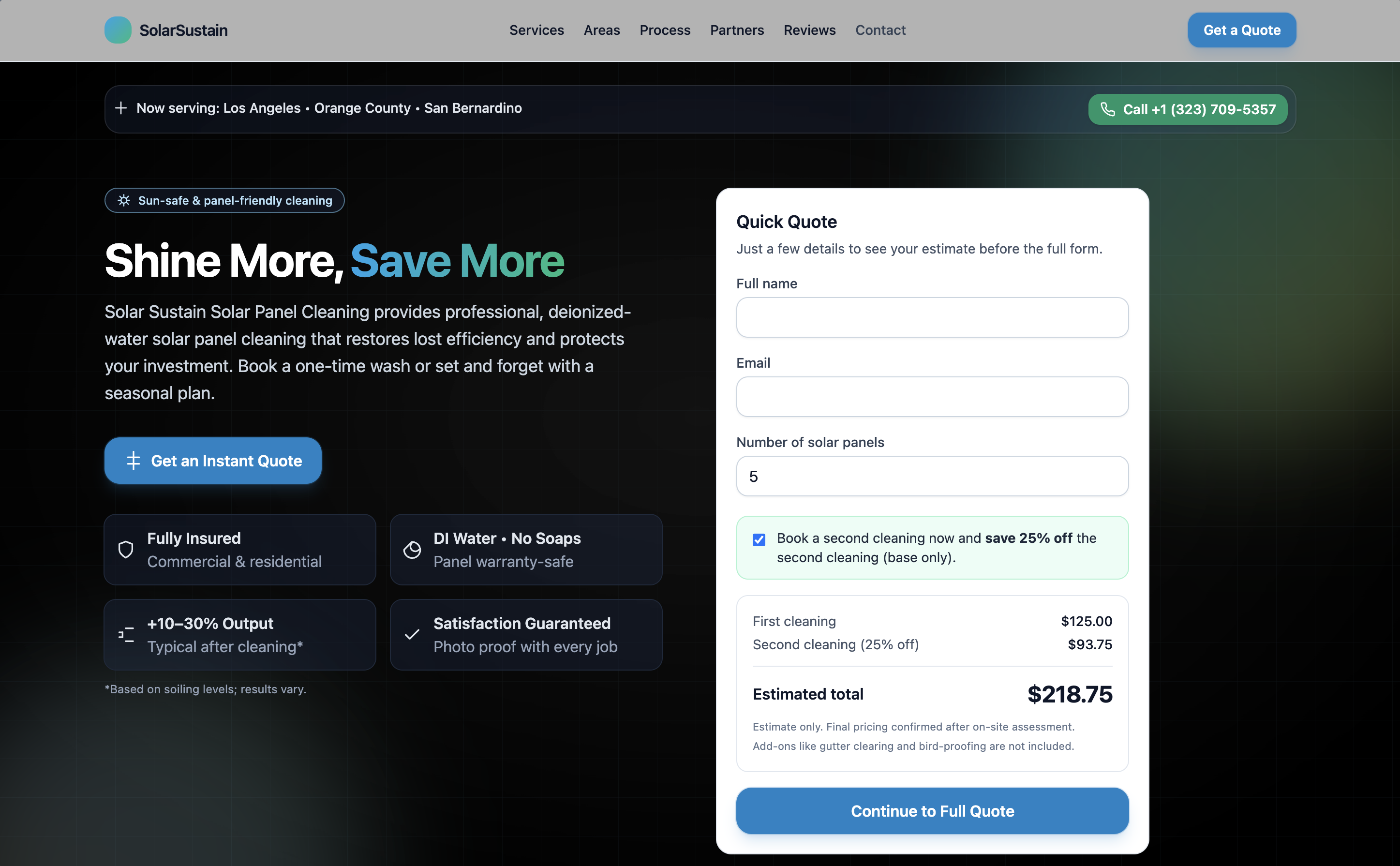 Solar Sustain landing page hero showing Los Angeles service areas, an instant quote form, phone number, and trust signals for solar panel cleaning.