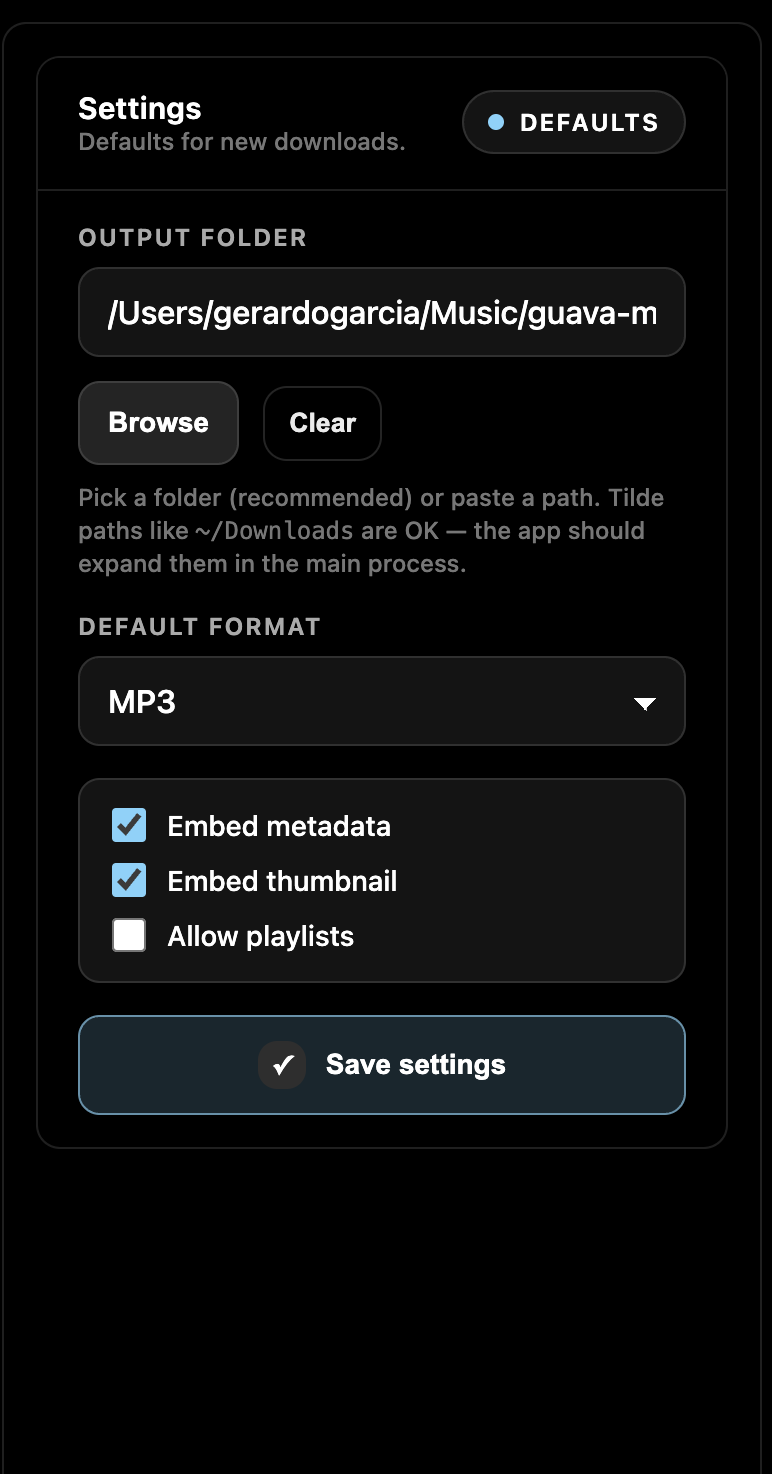 Export/output settings panel